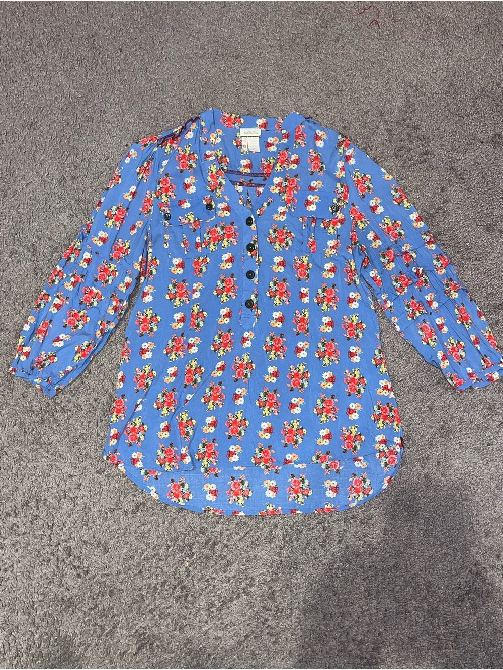 Matilda Jane Women Blue Floral Button-Front Blouse Quarter Sleeve Size Small